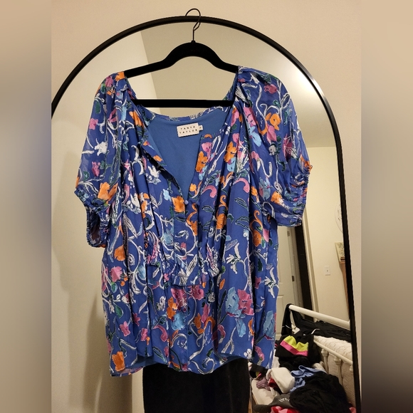 Tanya Taylor | Silk Blue Floral Puff Sleeve Top NWOT Sz 20 - Picture 8 of 8